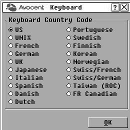 22 AutoView 2020/2030 Installer/User Guide box allows you to select a different keyboard country code. Figure 3.7: Keyboard Dialog Box To change the keyboard country code: 1.