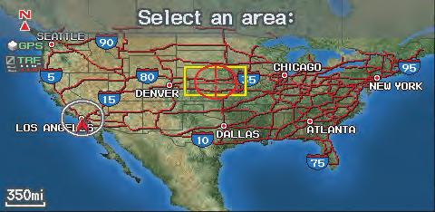 Entering a Destination Showing the Map of Continental USA With the Continental USA selection, the display changes to: The yellow box indicates the area you will see when you click on the current map