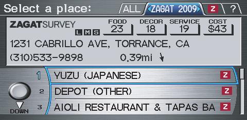 Key to Zagat Ratings When you display data for a Zagatsurveyed restaurant on the Select a place screen, you will see the description of ratings as follows: By saying or selecting Key to Zagat Ratings