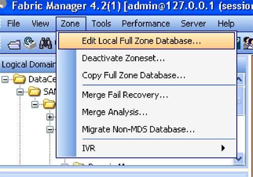 Configure zoning using the Cisco Fabric Manager Zoning wizard, which can be invoked as shown here: The Zonesets database screen shows active zone sets, zones, and also all the end