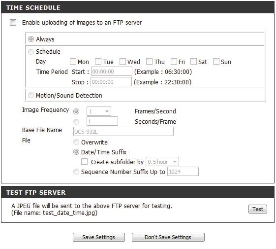 Section 3 - Configuration Enable uploading of images to an FTP server: Image Frequency: Enable this option to allow snapshots to be uploaded using the settings entered above.