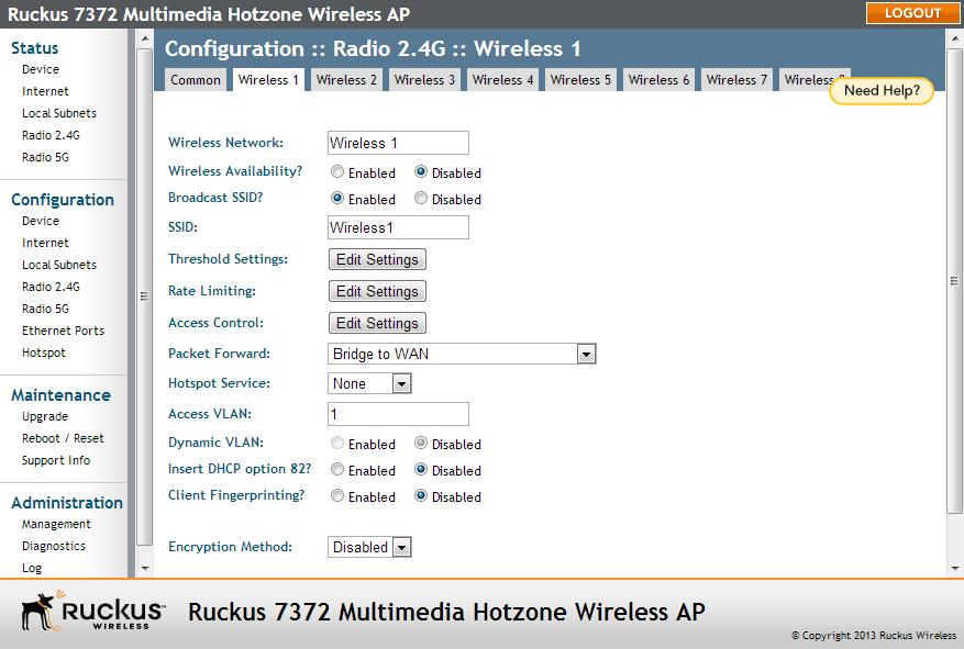 Installing the Access Point Step 1: Preconfigure the Access Point Figure 39. The Configuration > Wireless > Wireless 1 tab 2 In Wireless Availability, click Enabled.