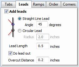 The toolpath will lead onto the selected edge at the specified Angle. Checking the Do lead out option results in an exit lead being added at the end of the toolpath off the machined edge.