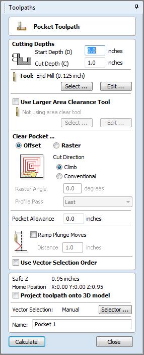 Pocketing Toolpath This option opens the Pocket Toolpath form for machining 2D pockets. These toolpaths automatically compensate for the tool geometry both diameter and angle.