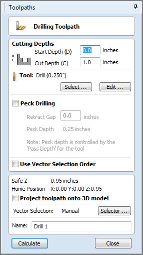 Drilling Toolpath Drilling allows the centers of selected closed vectors to be drilled to a specified depth. The Tool database includes an option to specify the Drill diameter and cutting parameters.