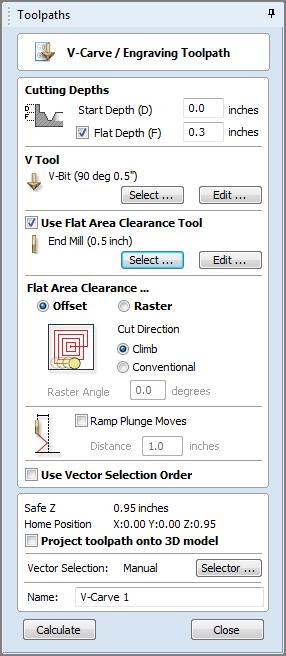 VCarve Toolpath This icon opens the V-Carving Toolpath form which is used to specify the type of carving required, tooling details, cutting parameters and name for the toolpath.