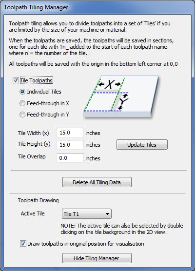 Toolpath Tiling Using the Toolpath Tiling options it is possible to machine objects and designs that are many times larger than the available area of your CNC machine bed.