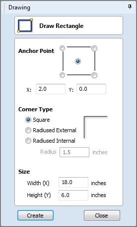 Draw Rectangle Rectangles can be created interactively with the cursor or by entering the exact coordinates, type of corners (square, internal or external radius) and Width and Height using typed