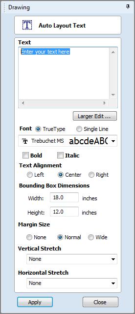 Draw Auto Text This option automatically sizes a block of text to fit inside the boundary box (width and height limits) of a selected vector or vectors.