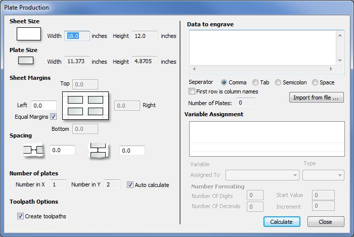 The Plate Production Dialog The left side of the Plate Production form is used to layout the plates / badges on the selected sheet of material, and shows the total number of plates that can be