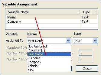 Variable Assignment Click to select a Variable Name then select the data field from the imported file that is required on each badge / plate.