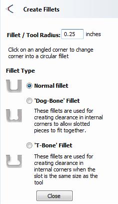Clicking this will open the Create Fillets form shown here: Fillet / Tool Radius This size of this value is used to create the fillet as described for each individual type of fillet below.
