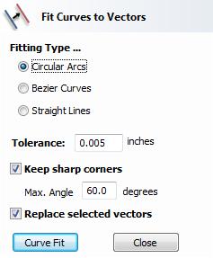 Fit curves to selected Vectors This function allows the user to fit arc, Bezier curves or straight lines to selected vectors.