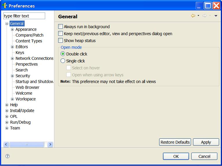 Setting IDE preferences Choose Window>Preferences to open the dialog box shown in Preferences, user interface start options.