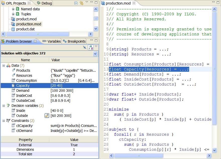 Navigating the model file If you click one of the elements in the Problem Browser, the IDE selects the line in the model that contains the first occurrence of that element, for example, To navigate