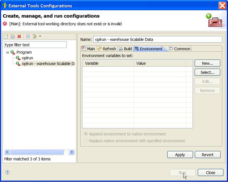 Click New to specify new environment variables for this process.