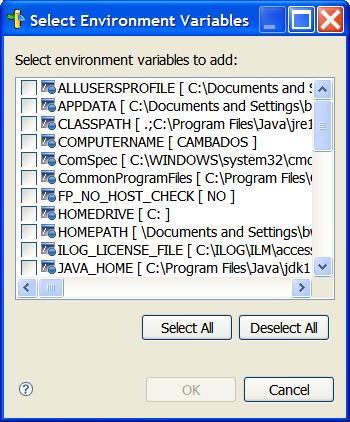 On this popup window, you can choose to inherit all of the Windows environment variables (the default, if you do not hand-select variables on this popup window), or select only the variables you want