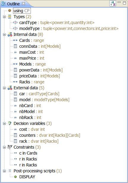 The Outline The Outline window displays the contents of the selected file as a tree. In the model outline, the main categories are sorted in their order of declaration.