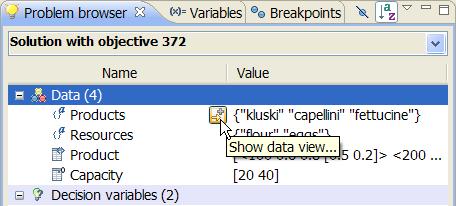 case, Products), a Show data view appears (shown below with its tooltip visible): button Clicking