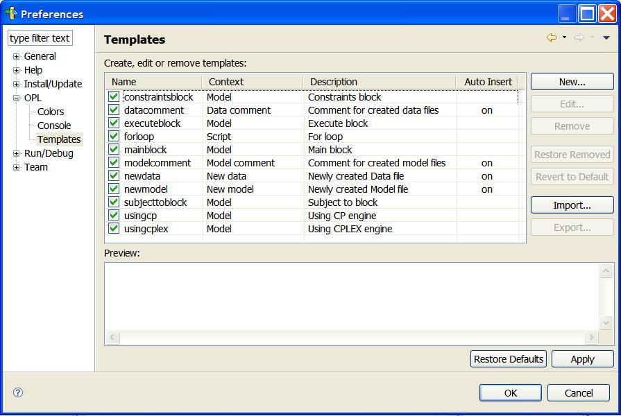 Editing or creating Model Templates Model Templates can be edited or created using the OPL Preferences editor.