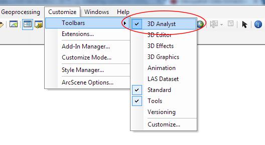 4. In order to create contours, you will need to enable the 3D Analyst toolbar.