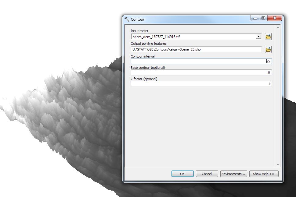 10. After choosing Contour, a dialogue window will appear, prompting you for five settings: Input raster: select the DEM file from which you want to generate contours by locating it on your hard