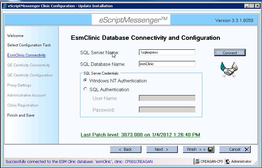 4. EsmClinic Database Connectivity and Configuration. You will need to enter the location of the SQL Server Name, SQL Database Name, and the SQL Authentication information.