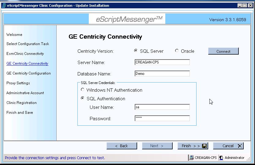 6. The GE Centricity Connectivity configuration screen appears, shown below. 7.
