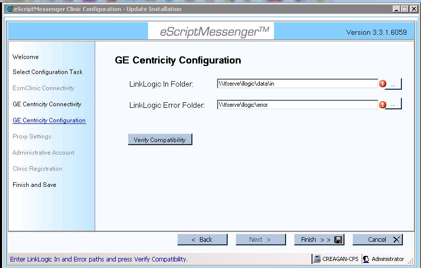 8. In the GE Centricity Configuration screen you need to complete the LinkLogic section, enter the location for the LLogic Data In Folder and the Error Folder.