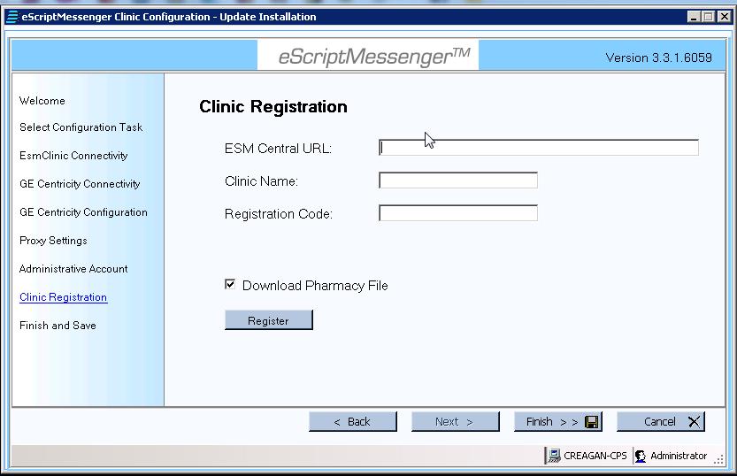 11. From Clinic Registration, enter the registration information for this clinic and download the Pharmacy file. The following is an example of the registration information.