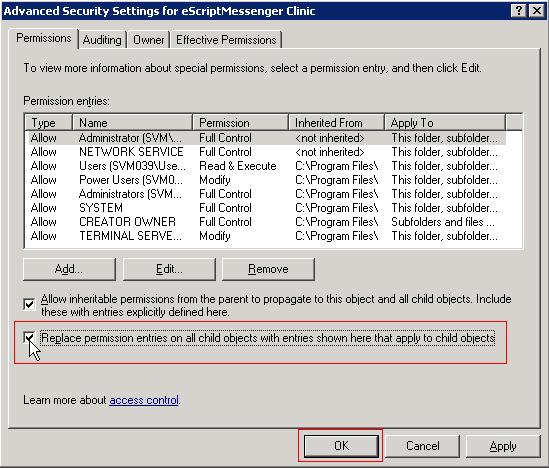 4. Check the checkbox to the left of Replace permission entries on all child objects