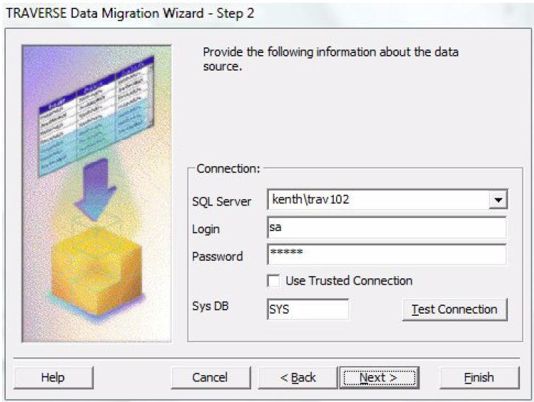 The TRAVERSE Data Migration Wizard Step 2 window appears.