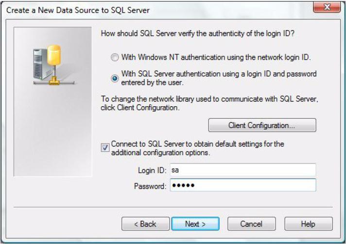 8. Select the With SQL Server authentication using a login ID and