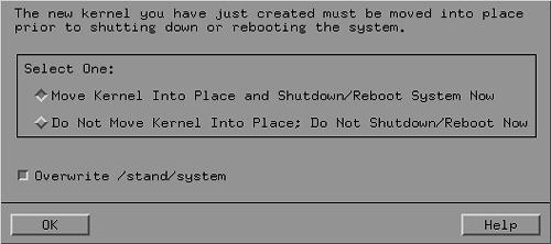 Figure 16-6. Warning window showing that a new kernel will be built and the system rebooted. Figure 16-7. Move the new kernel into place and reboot the system.