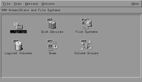 Figure 18-1. SAM Disk and File Systems area. You can use icons displayed here to carry out a required task.