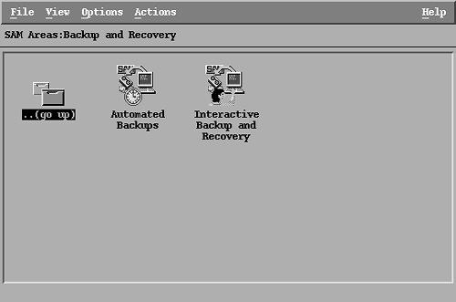 SAM can be used to create automated or interactive backup. When you go to the SAM Backup and Recovery area, a window like the one shown in Figure 23-1 appears. Figure 23-1. SAM Backup and Recovery area. Click on the Automated Backups icon, and the window shown in Figure 23-2 will appear.