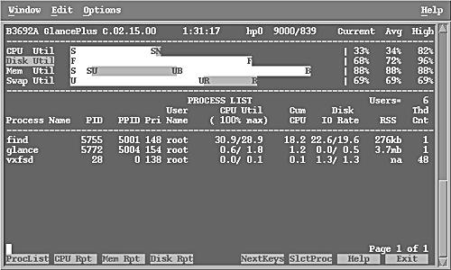 GlancePlus is an additional package that is used for system monitoring. It can be used either in text or graphic mode. GlancePlus shows statistics about a number of system components.
