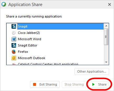 SHARING AN APPLICATION You can share anything that appears on your computer. This includes your browser (to share a website), a PowerPoint presentation, or an application on your computer. 1.