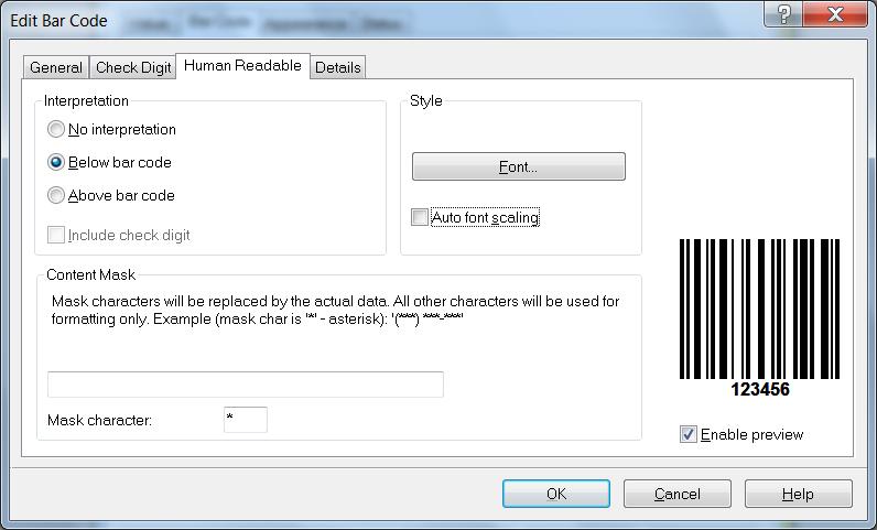 The General tab lists all the different barcode styles. The preview barcode on the right will show the different formats.
