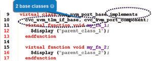 interface class class implements In near future your UVM base class could be remodeled as below (not full code obviously): And voila, the uvm_tlm_port_base implements if_base, port_comp Now consider