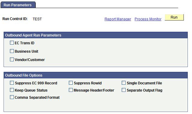 Chapter 4 Monitoring EDI Processing Outbound EC Agent - Run Parameters page To schedule the outbound EDI agent to run: 1. Specify the transactions that you want the EDI agent to process.