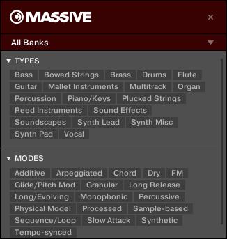 Browsing the Library Types and Modes Tag Filters TYPES and MODES filters for MASSIVE As soon the desired tags in the tag filters are selected the search is limited to the Preset files that are tagged