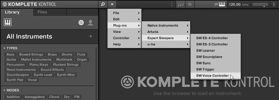 Managing the Library Installing NKS Instruments Select the plug-in you want to load in the Plug-ins submenu of the KOMPLETE KONTROL menu.