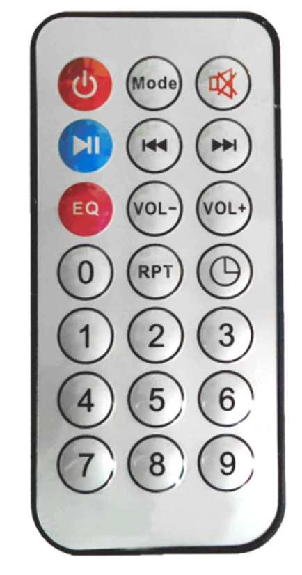 REMOTE CONTROL 1. Button: Switch the device ON/OFF 2.MODE button: Toggle between the different playback modes. 3. Button: MUTE button, switch the sound of the device ON/OFF 4.