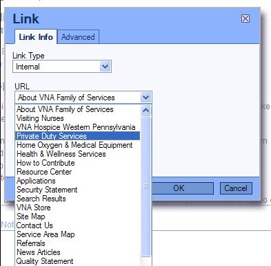 To link to an internal page, select Internal from the Link Type dropdown menu and then select the