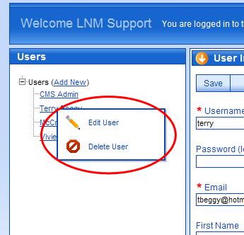 To edit a user, either click on the user s name in the Users tree or right-click (shown below on the right) on the user s name and select