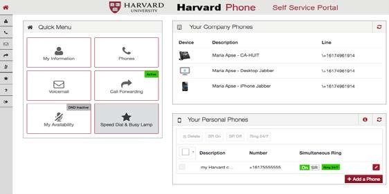 Harvard Phone Account Dashboard This screen provides a summary of your specific Self Service configuration. The following figure shows a sample Dashboard.