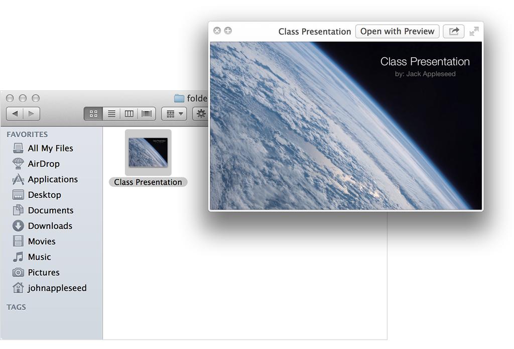 Quick Look You can get a quick preview of any item in the Finder by selecting it and then choosing File > Quick Look.