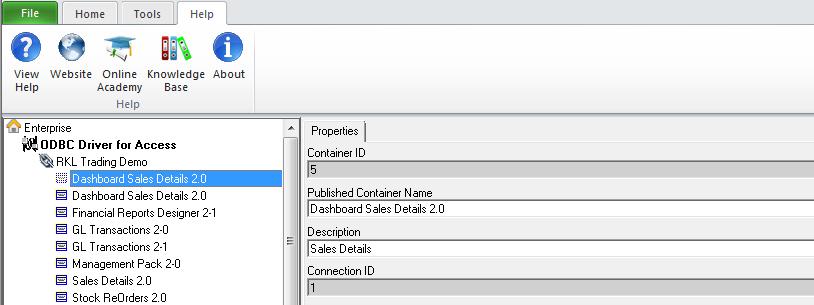 Connection function grouping enables modification of drivers and connections and includes the following existing features: Add Connection Add Data Container Driver Properties The Connector Help tab