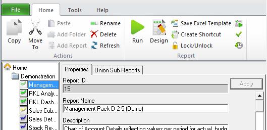 The Actions grouping contains functions that allow the user to manage reports within the Report Manager module and include the following existing Report Manager features: Copy Add Report Move To